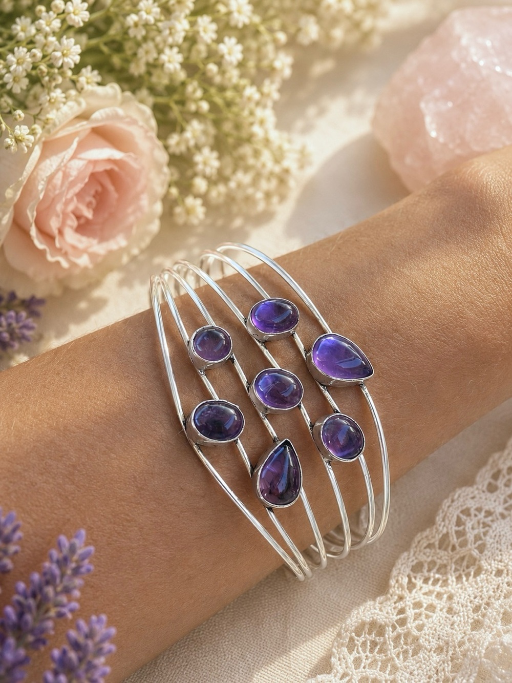 Handcrafted Natural Amethyst Sterling Silver 8” Large Wrist Cuff Bracelet